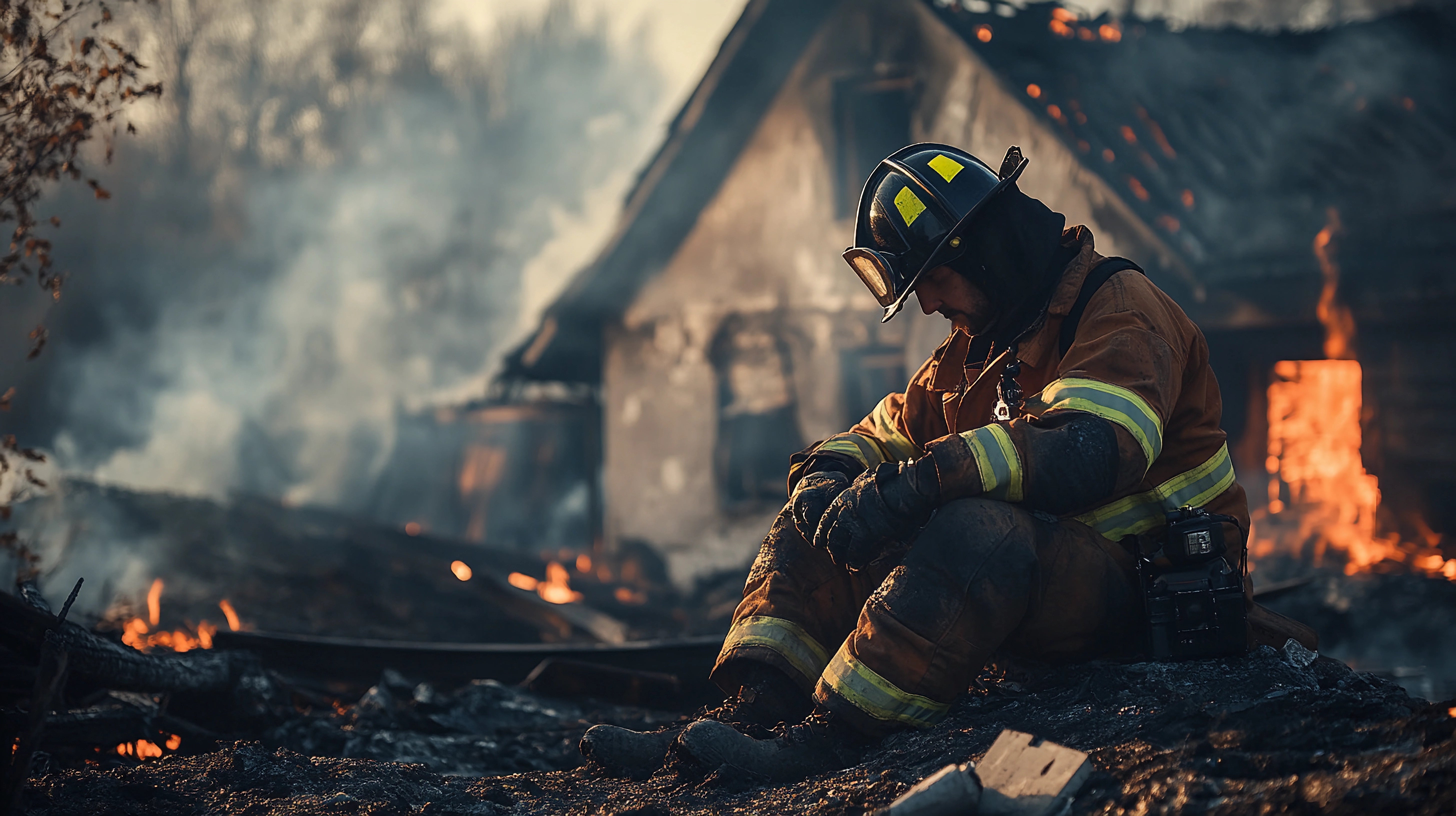 Firefighter in turnout gear, exhausted after a call
